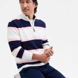 NWT Club Room Men's ¼ Zip Up Sweater - Navy, White, Salmon